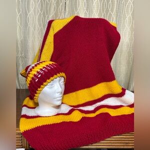 Calgary Flames NWT Coloured Footed Blanket HandCrafted With Matching Slouchy Hat